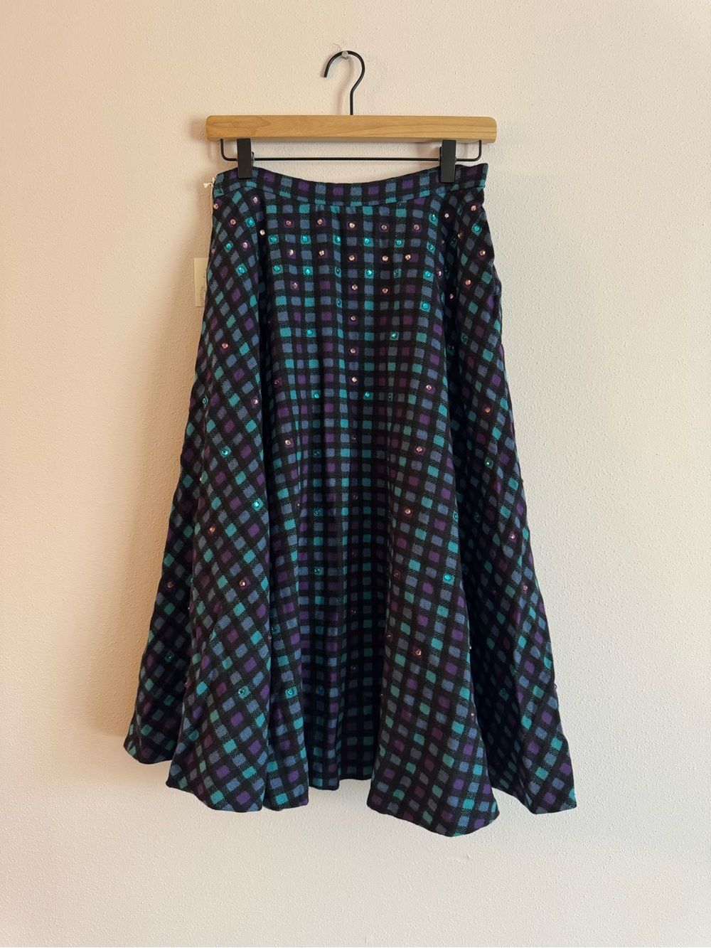 Plaid A-Line Midi Skirt in Black with Teal and Purple Squares